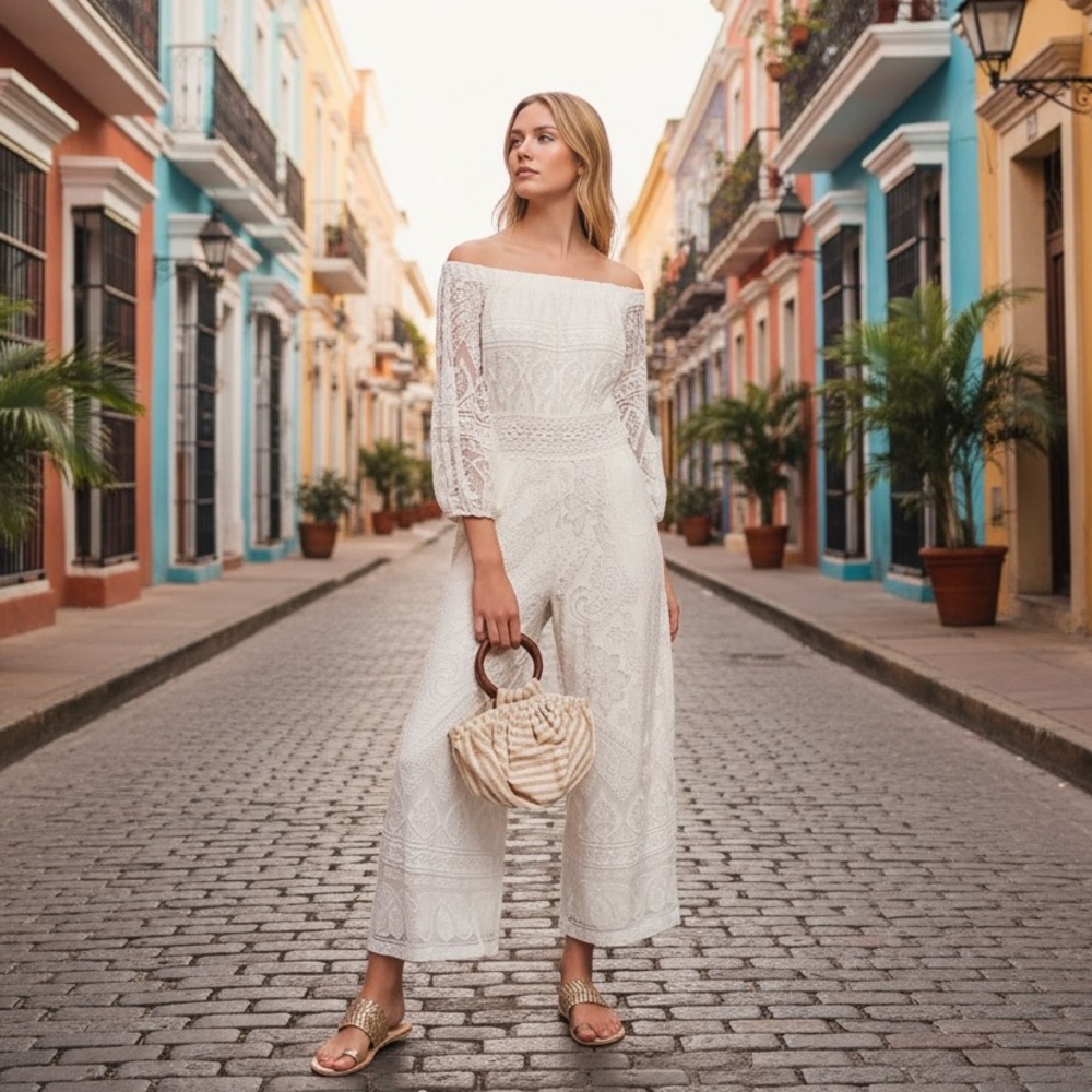 🤍 Farm Rio x Anthropologie | Lace Off-Shoulder Jumpsuit | Ivory | Size M